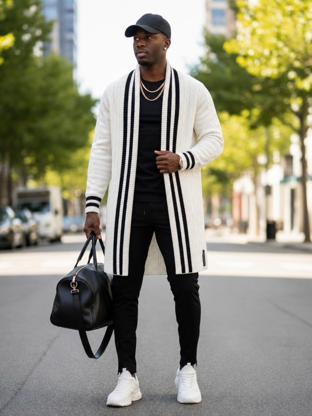 Ron Tomson Striped Longline Cable Knit Cardigan Sweater
